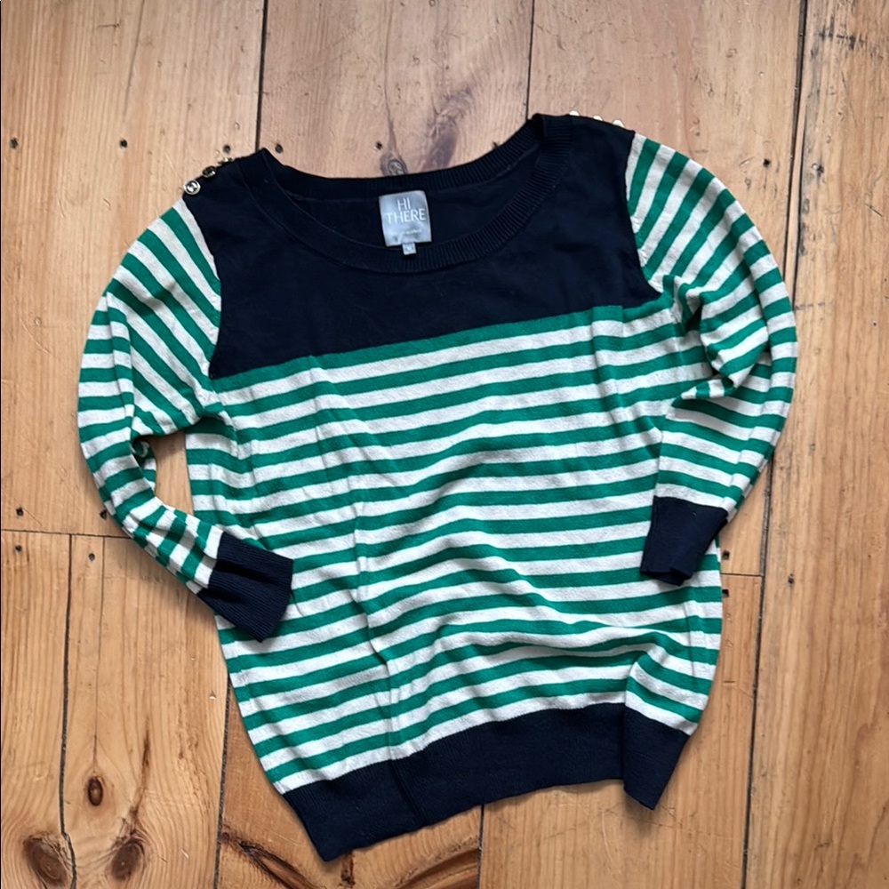 Green and Navy Striped Sweater with adorable button details on shoulders